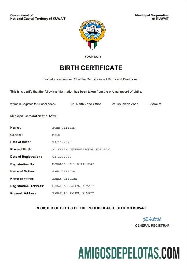 Em branco modelo Word e PDF de certidão de nascimento de registro vital do Kuwait
